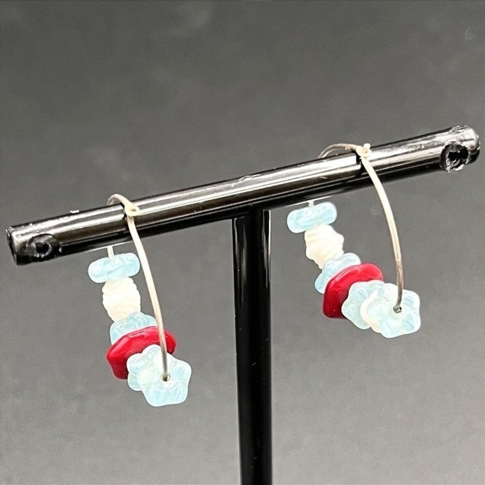 Vintage Hoop Earrings Silver Tone Multi Stone Red White Blue Handmade Dangle Y2K